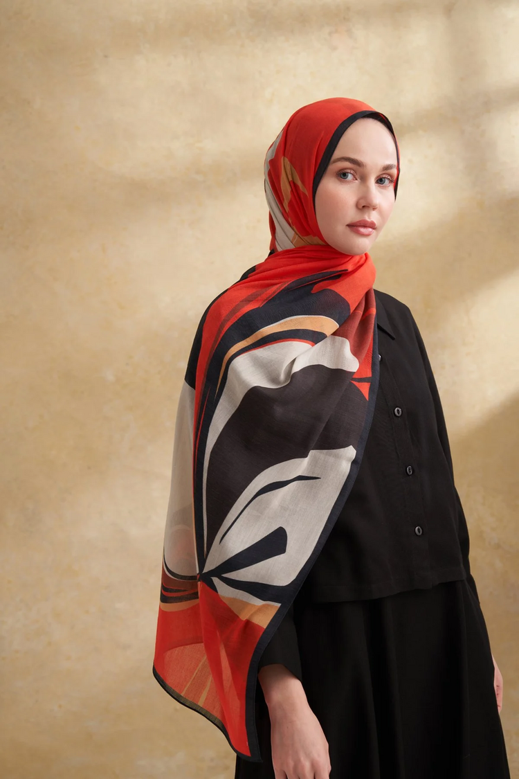 ARMANDA- 3383 İpek Pamuk Sarah Desen Şal - Siyah Kırmızı
