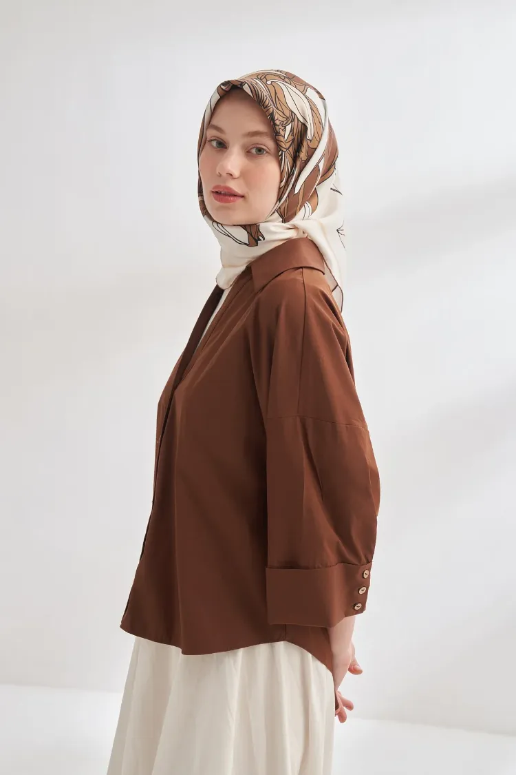 ARMANDA - 4356 Ivory Desen Twill İpek Eşarp - Kahve