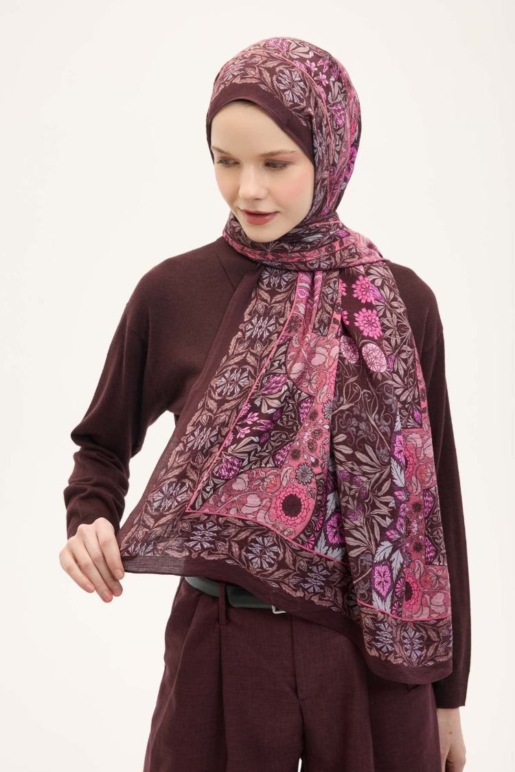 SİLK HOME - Urban Hours Floral Motif Desen Koyu Mürdüm Mayda Şal 190x70