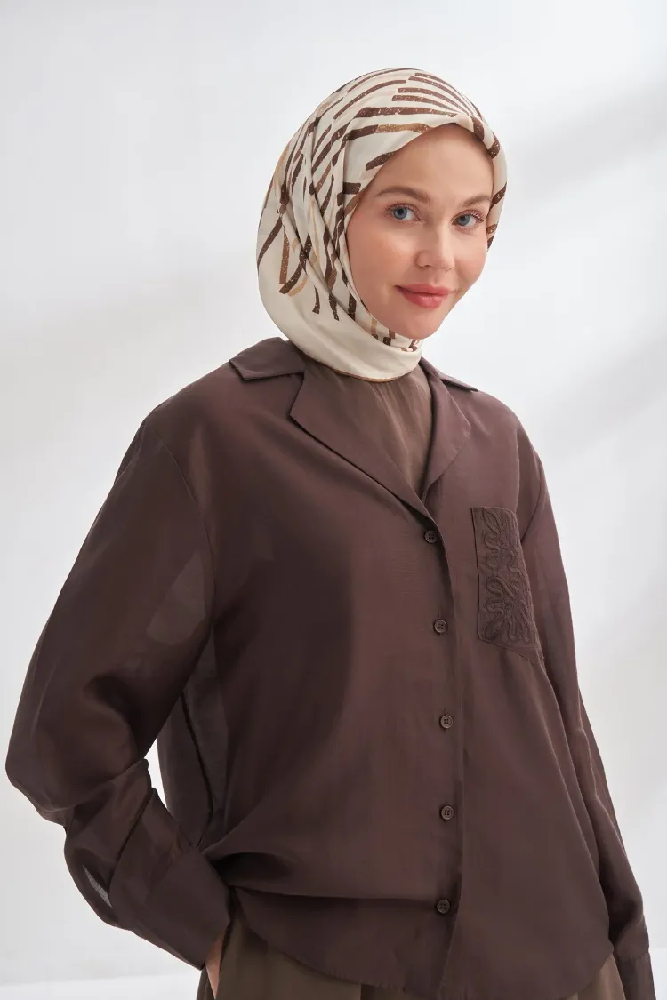 ARMANDA - 4353 Rora Desen Twill İpek Eşarp - Kahve