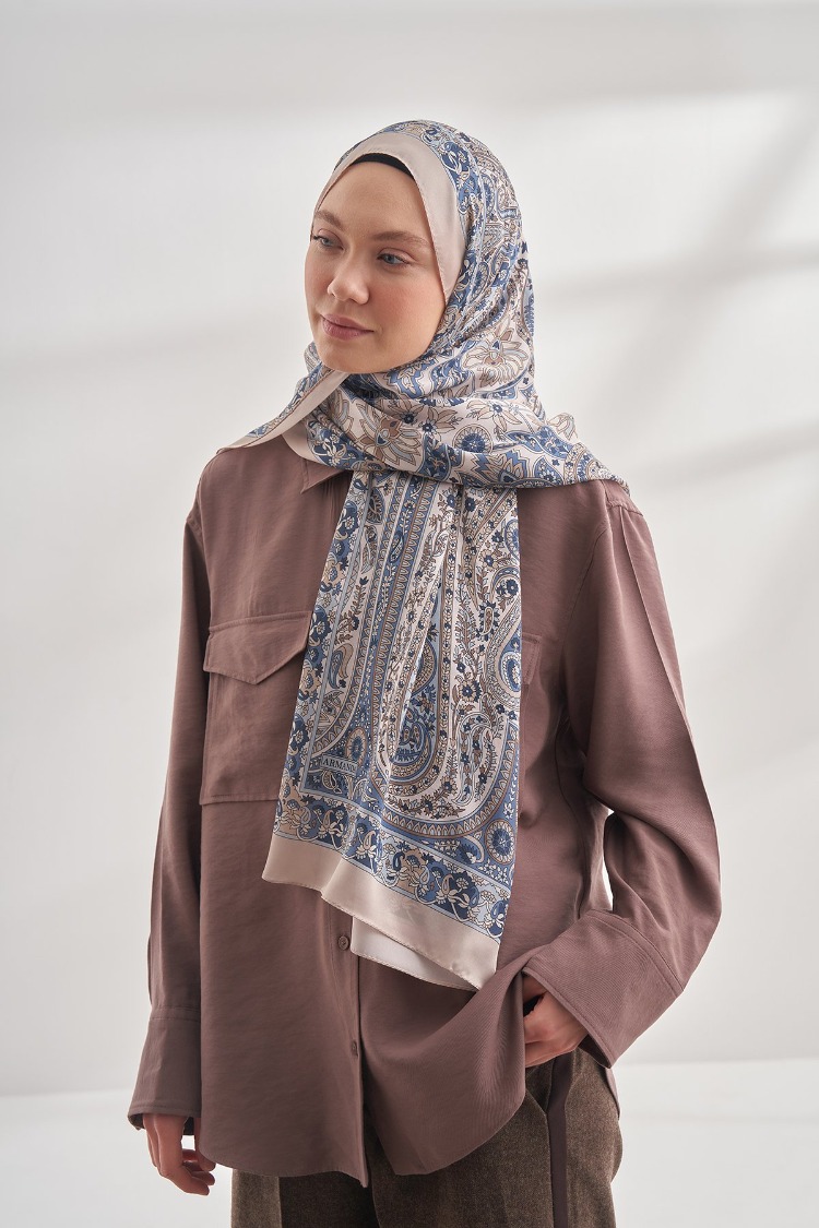 ARMANDA - 6035 Pashmina Desen Şal - Krem Mavi