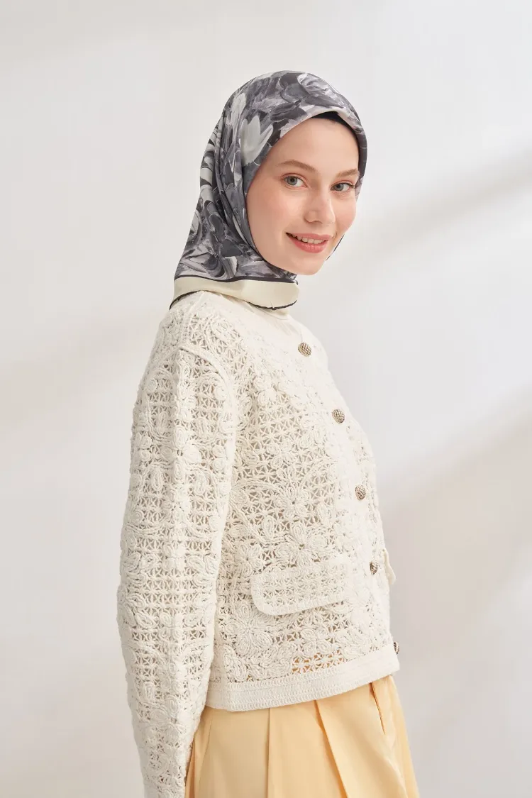 ARMANDA - 4359 Abstract Bloom Desen Twill İpek Eşarp - Füme