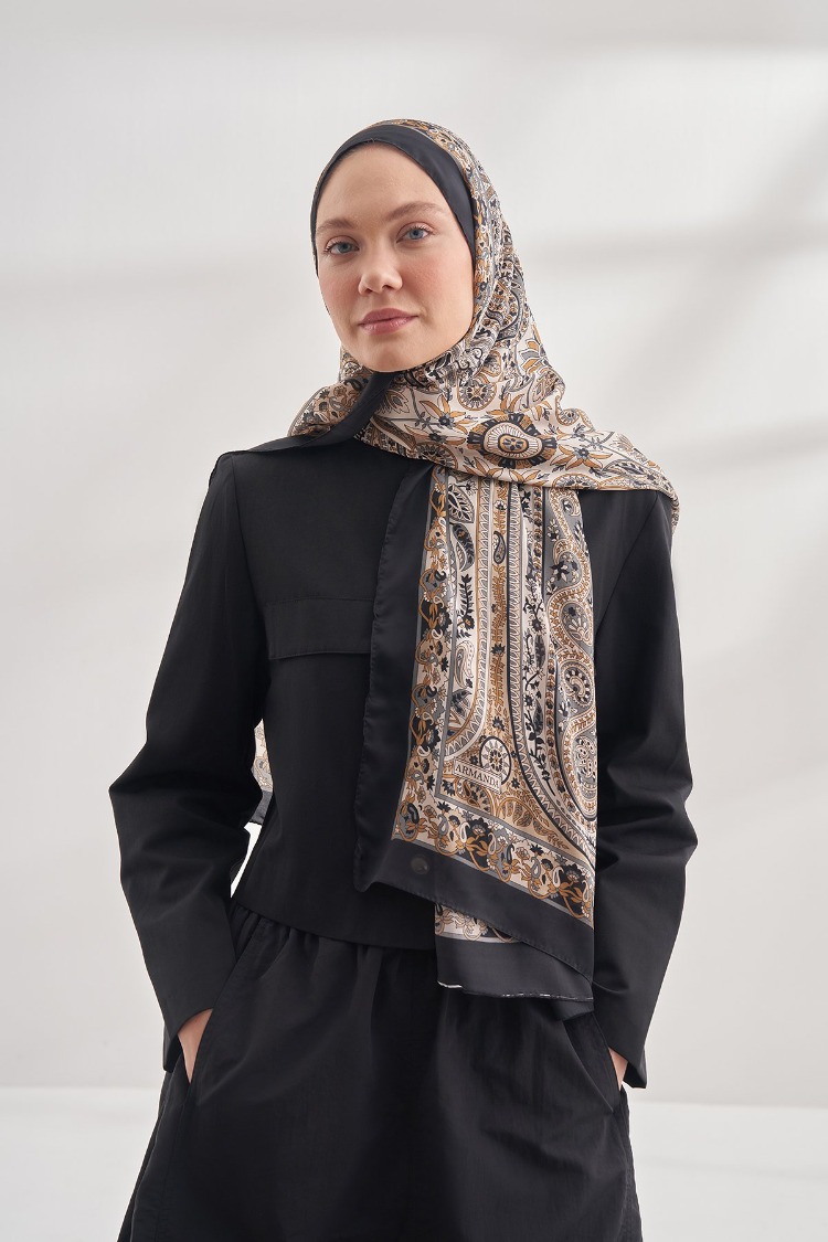 ARMANDA - 6035 Pashmina Desen Şal - Siyah Bej