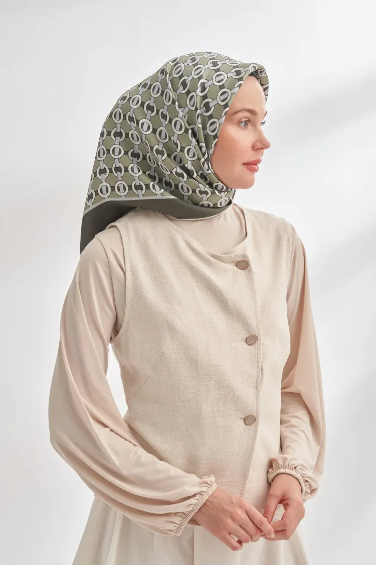 ARMANDA - 4350 Soil Desen Twill İpek Eşarp - Haki