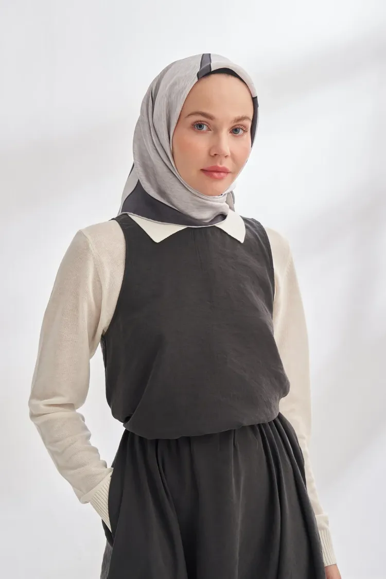 ARMANDA - 4355 İnaya Desen Twill İpek Eşarp - Füme-Gri