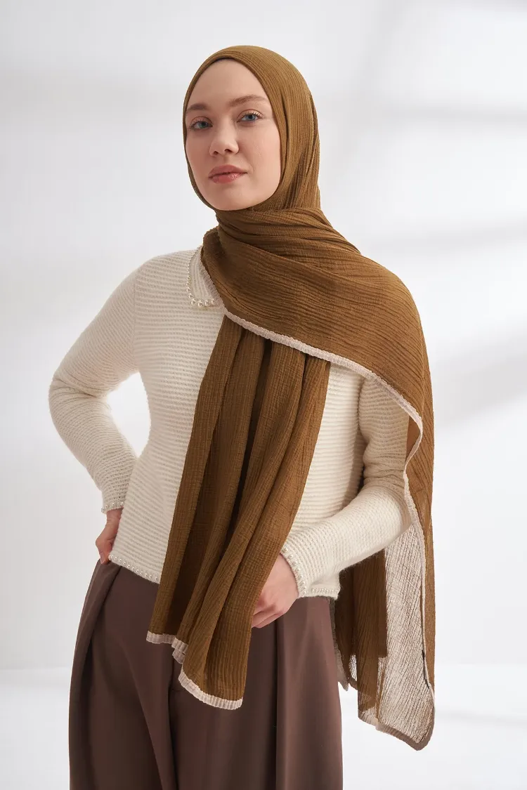 ARMANDA - 3352 Müslin Biyeli Şal - Koyu Yağ Yeşili