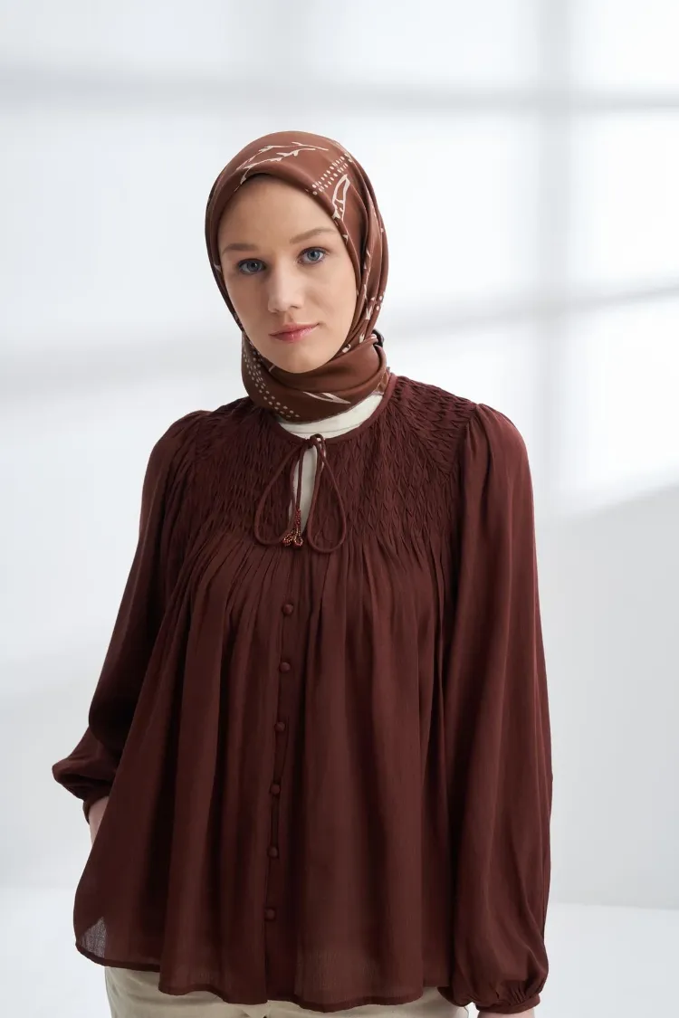 ARMANDA - 4313 Çift Taraflı Muse Desen Twıll İpek Eşarp - Vizon-Kahve