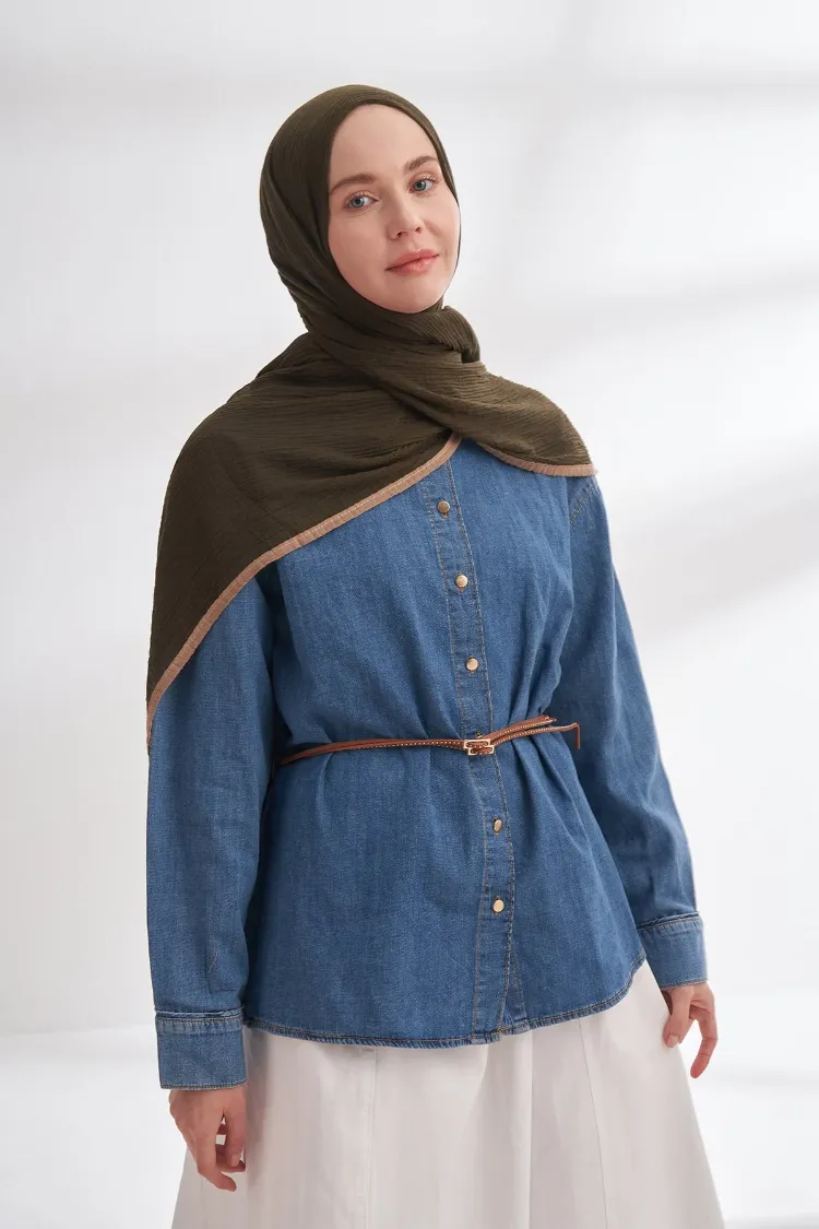 ARMANDA - 3352 Müslin Biyeli Şal - Koyu Haki