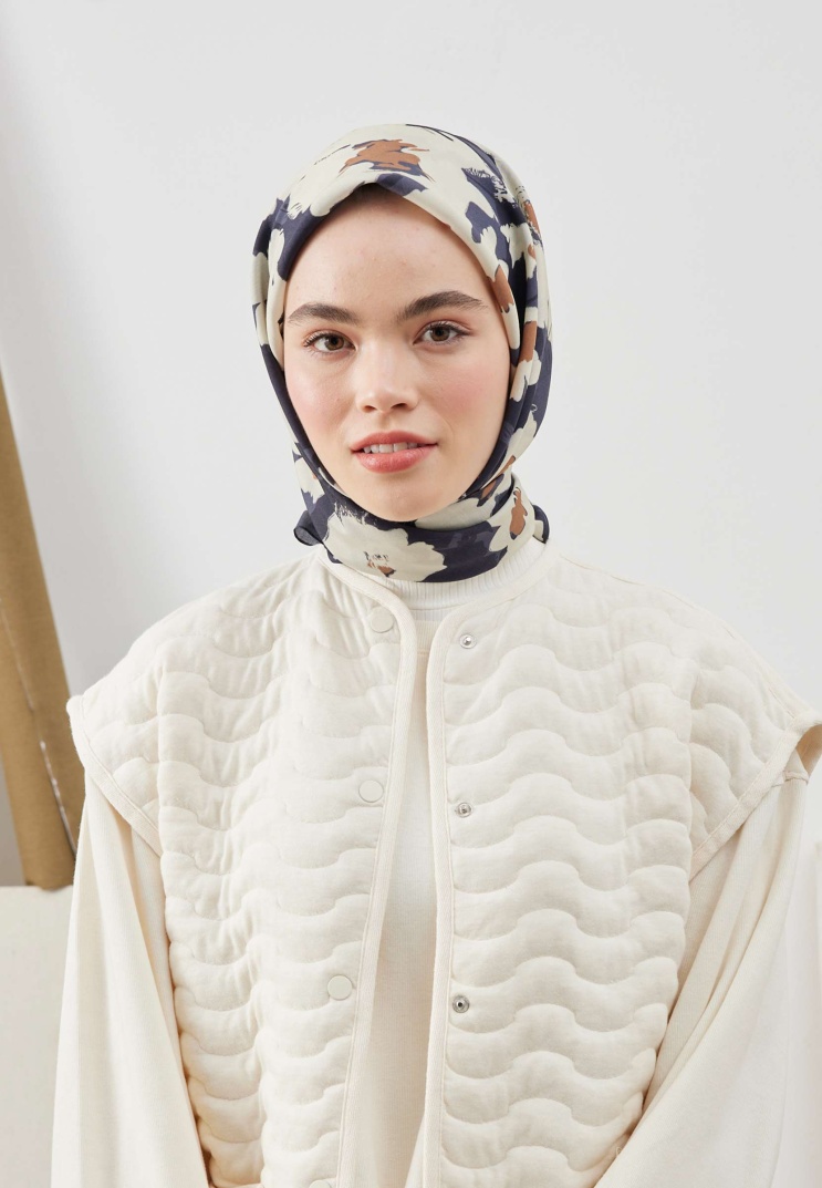 Fresh Scarfs - Multi Flower Desen Pamuk İpek Eşarp - Lacivert