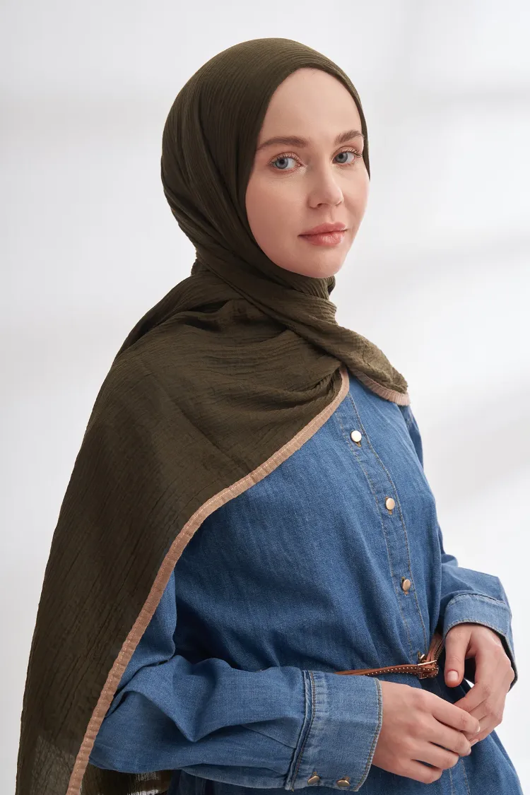ARMANDA - 3352 Müslin Biyeli Şal - Koyu Haki
