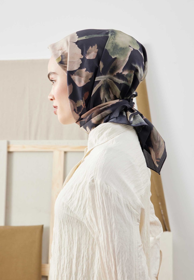 Fresh Scarfs - Soft Garden Desen Pamuk İpek Eşarp - Siyah