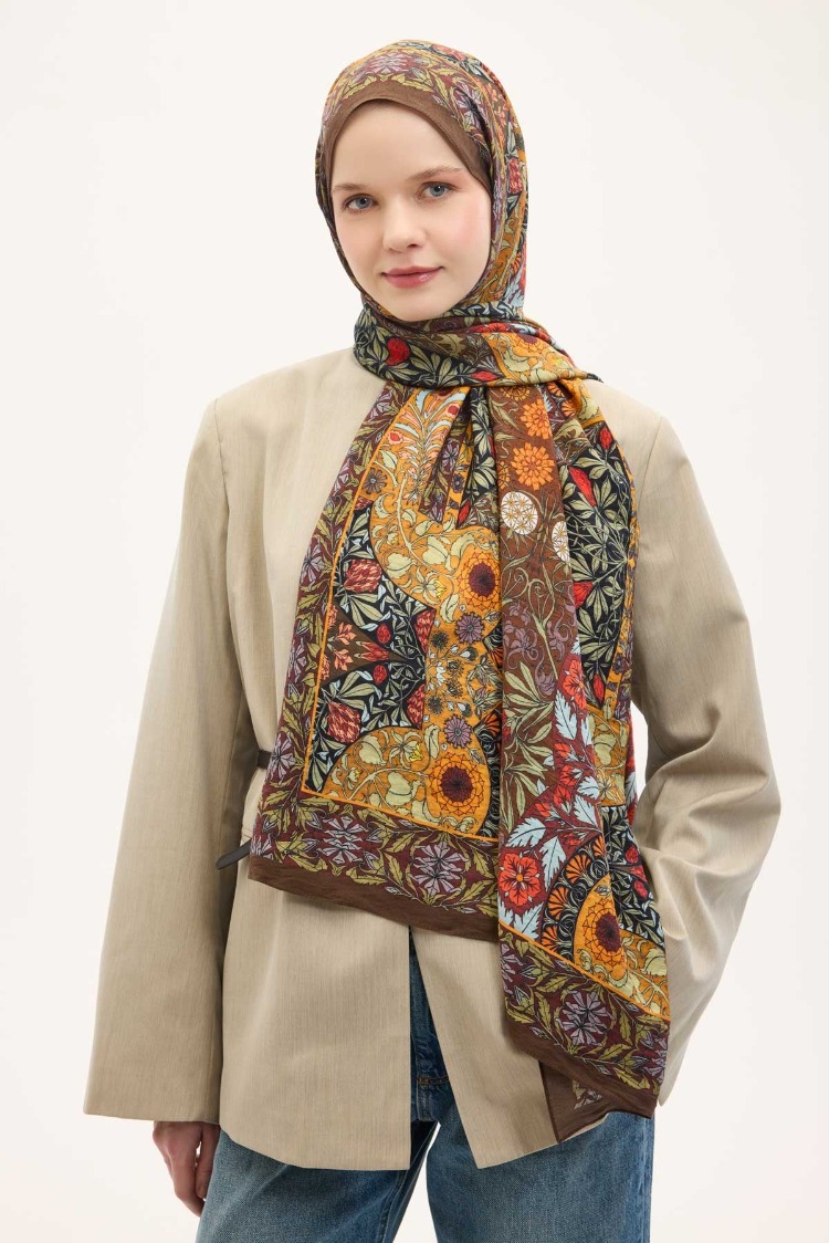 SİLK HOME - Urban Hours Floral Motif Desen Koyu Acı Kahve Mayda Şal 190x70