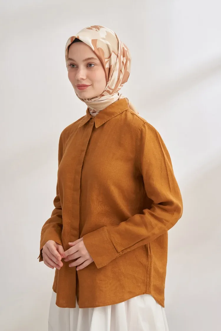 ARMANDA - 4351 Dahlia Desen Twill İpek Eşarp - Bej