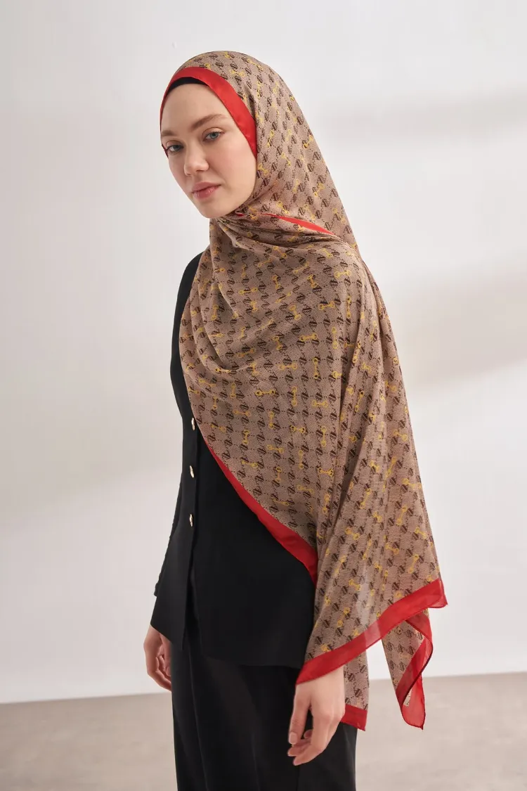 ARMANDA - 3361 Monogram Desen Şal - Bej - Kırmızı