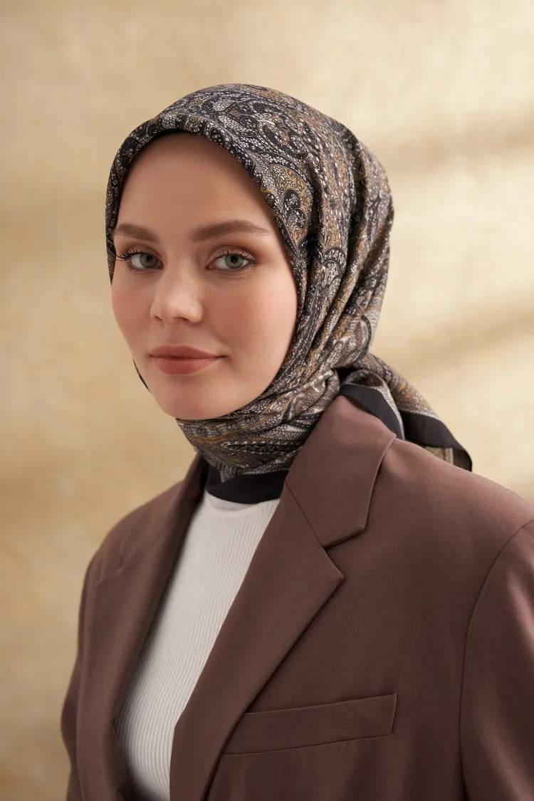 ARMANDA - 3155 Vintage Desen Eşarp - Siyah Dore