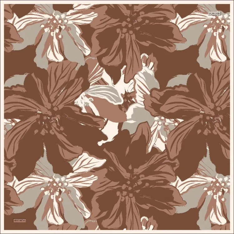ARMANDA - 4351 Dahlia Desen Twill İpek Eşarp - Kahve