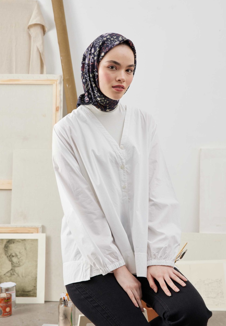 FRESH SCARFS - Tiny Garden Desen Pamuk İpek Eşarp - Siyah