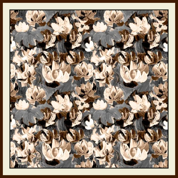 ARMANDA - 4359 Abstract Bloom Desen Twill İpek Eşarp - Gri Kahve