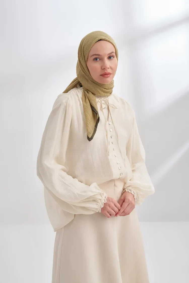 ARMANDA - 3353 Müslin Biyeli Eşarp - Yağ Yeşili
