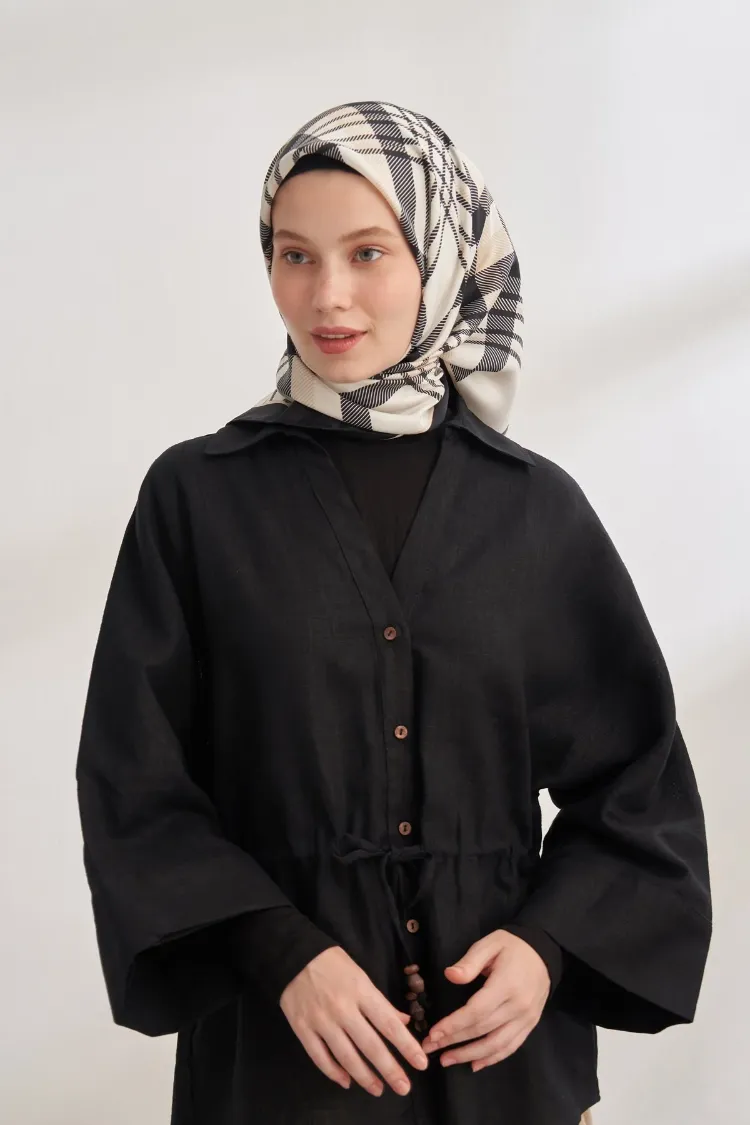 ARMANDA - 4358 Naya Desen Twill İpek Eşarp - Siyah-Bej