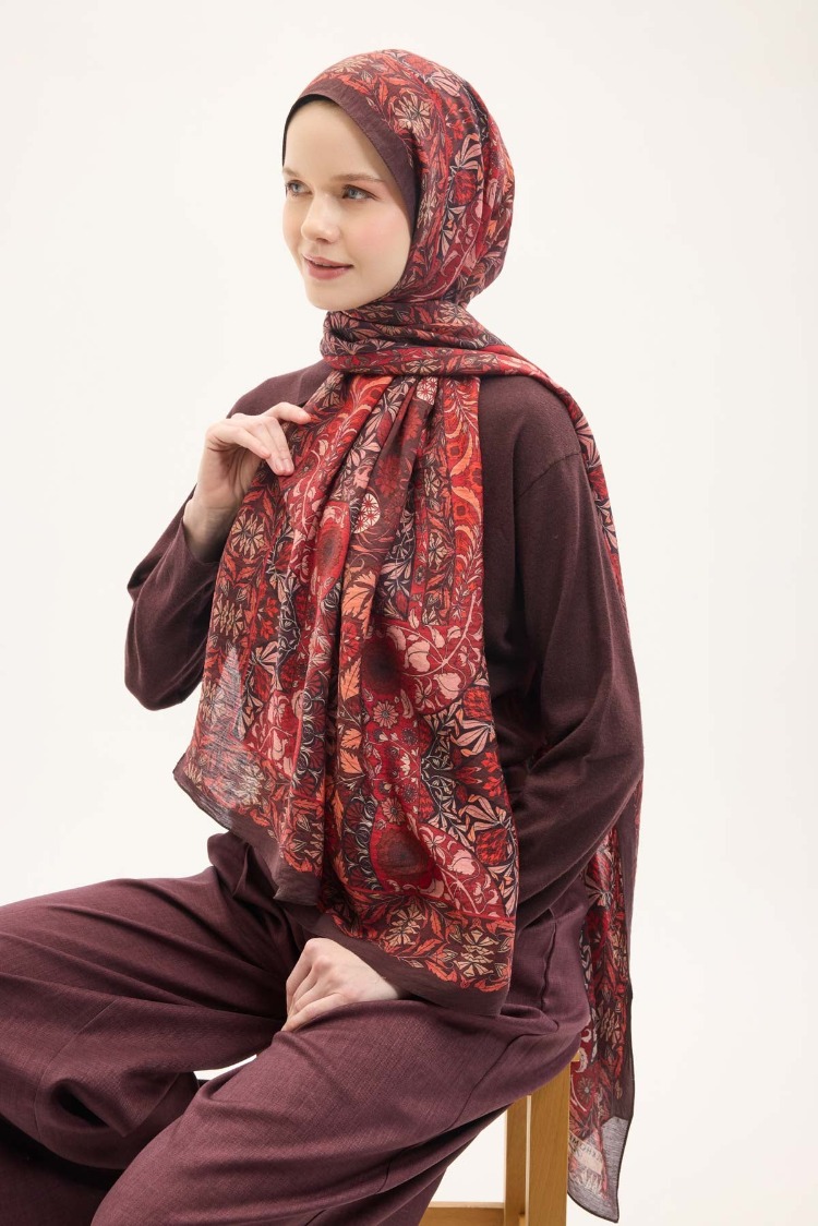 SİLK HOME - Urban Hours Floral Motif Desen Mürdüm Mayda Şal 190x70