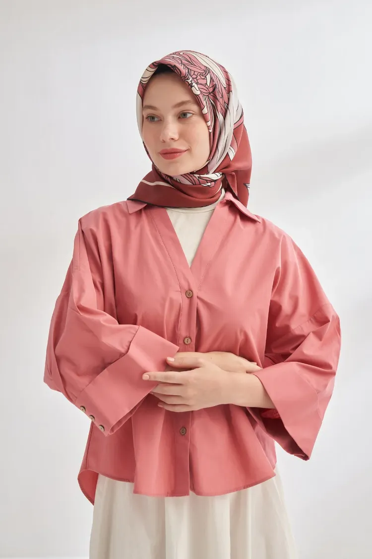 ARMANDA - 4356 Ivory Desen Twill İpek Eşarp - Bordo