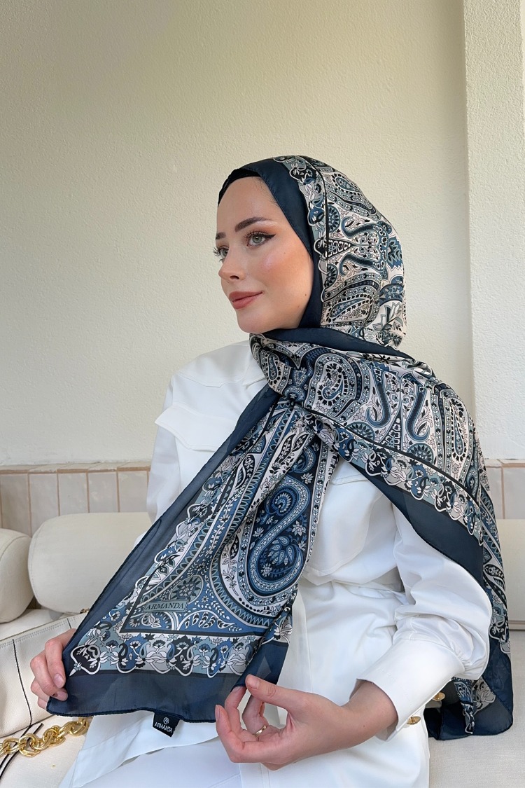 ARMANDA - 6035 Pashmina Desen Şal - Lacivert Krem