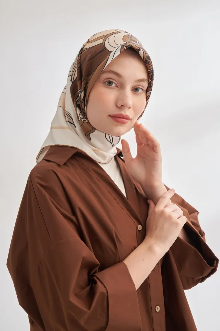 ARMANDA - 4356 Ivory Desen Twill İpek Eşarp - Kahve