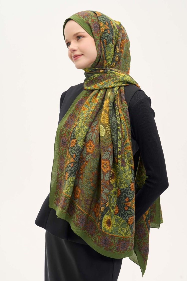 SİLK HOME - Urban Hours Floral Motif Desen Yeşil Mayda Şal 190x70