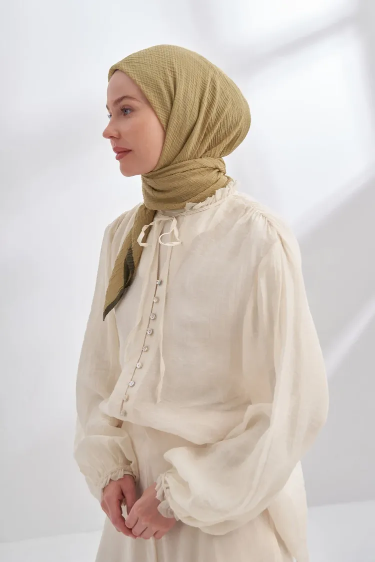 ARMANDA - 3353 Müslin Biyeli Eşarp - Yağ Yeşili