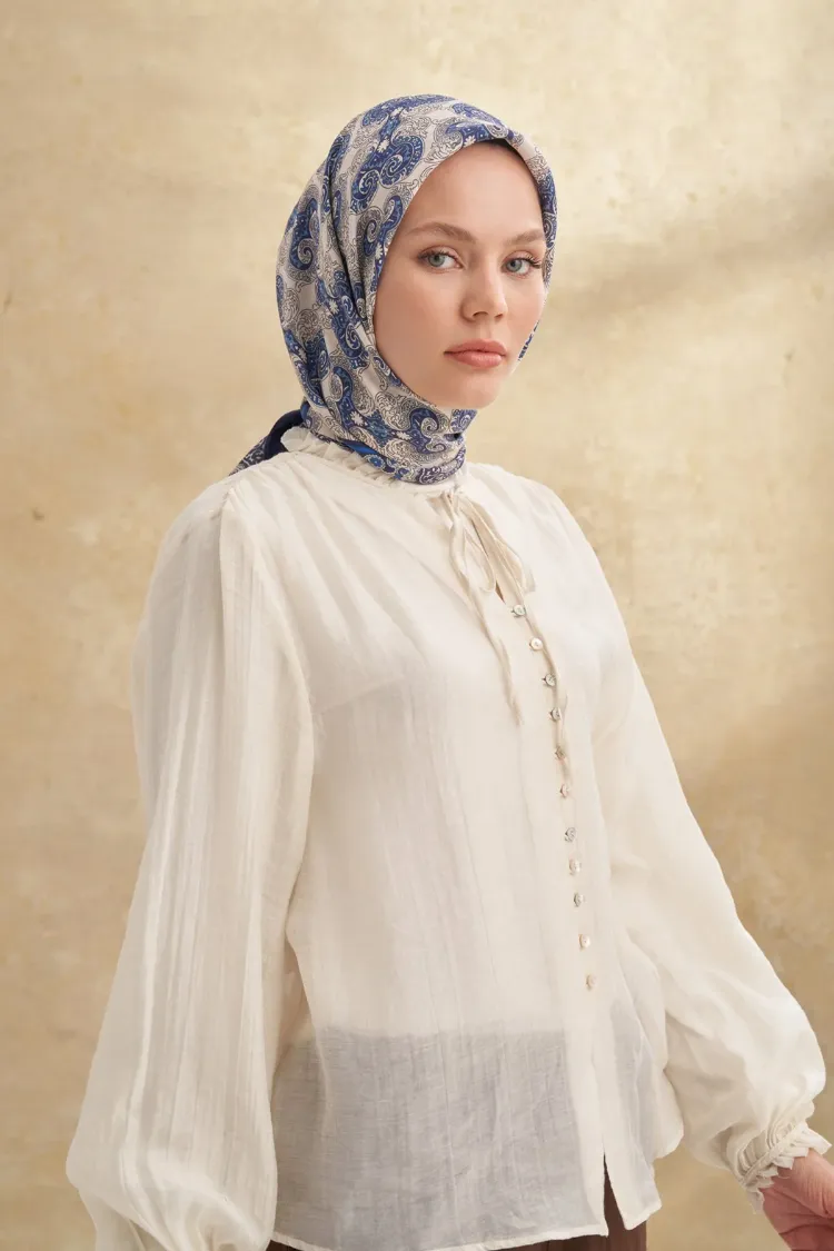 ARMANDA - 3151 Gaina Desen Eşarp - Lacivert Krem