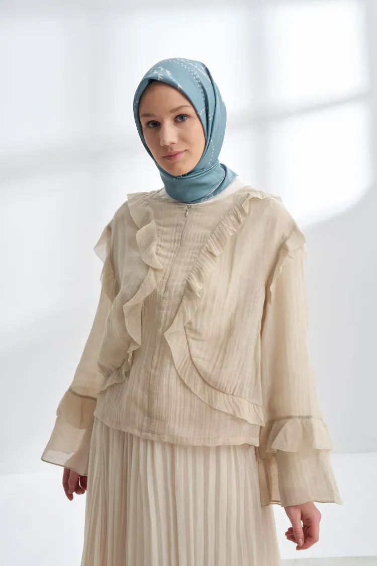 ARMANDA - 4313 Çift Taraflı Muse Desen Twıll İpek Eşarp - Gri-Mentol