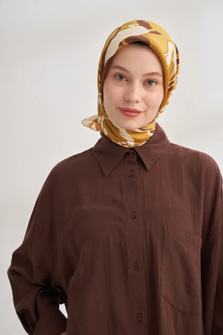 ARMANDA - 4351 Dahlia Desen Twill İpek Eşarp - Yağ Yeşili