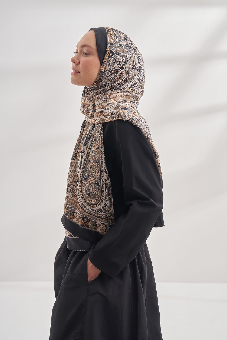 ARMANDA - 6035 Pashmina Desen Şal - Siyah Bej