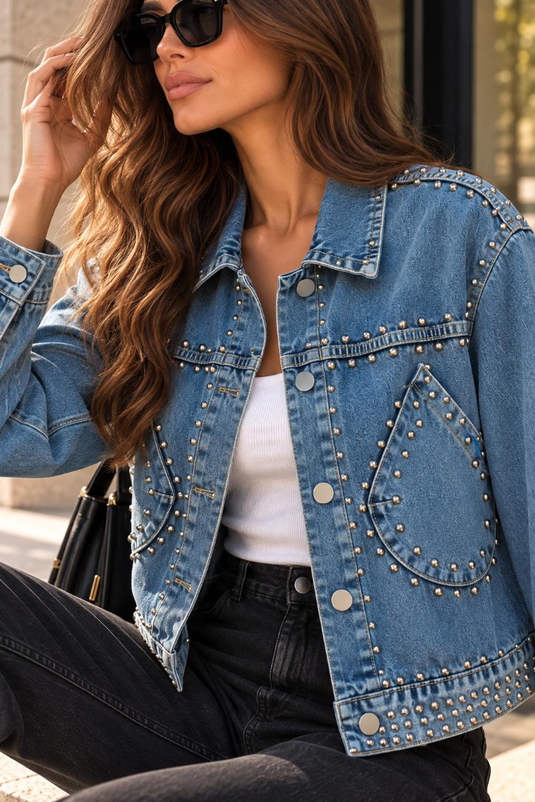 Mavi Zımbalı Denim Mont