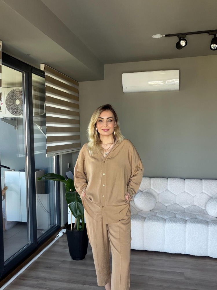 Gömlek Pantolon Takım Tensel Kumaş Pamuklu Camel Renk