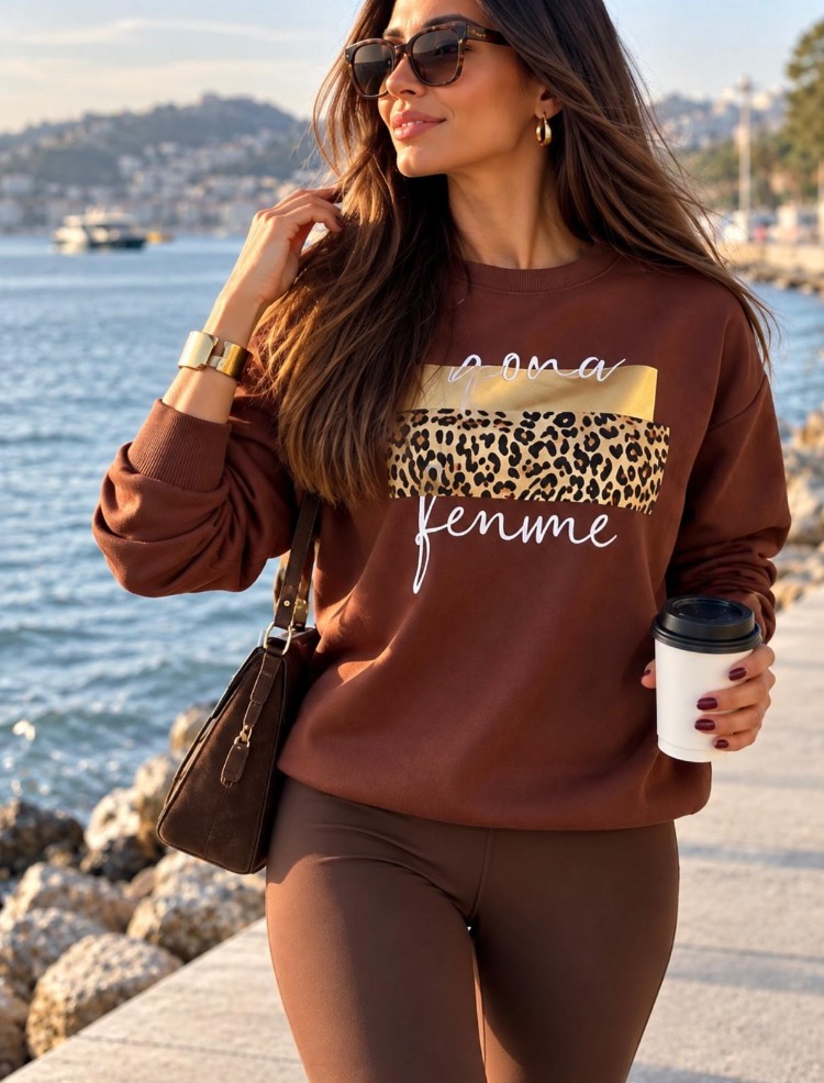 Gold Leopar Baskılı Sweatshirt 
