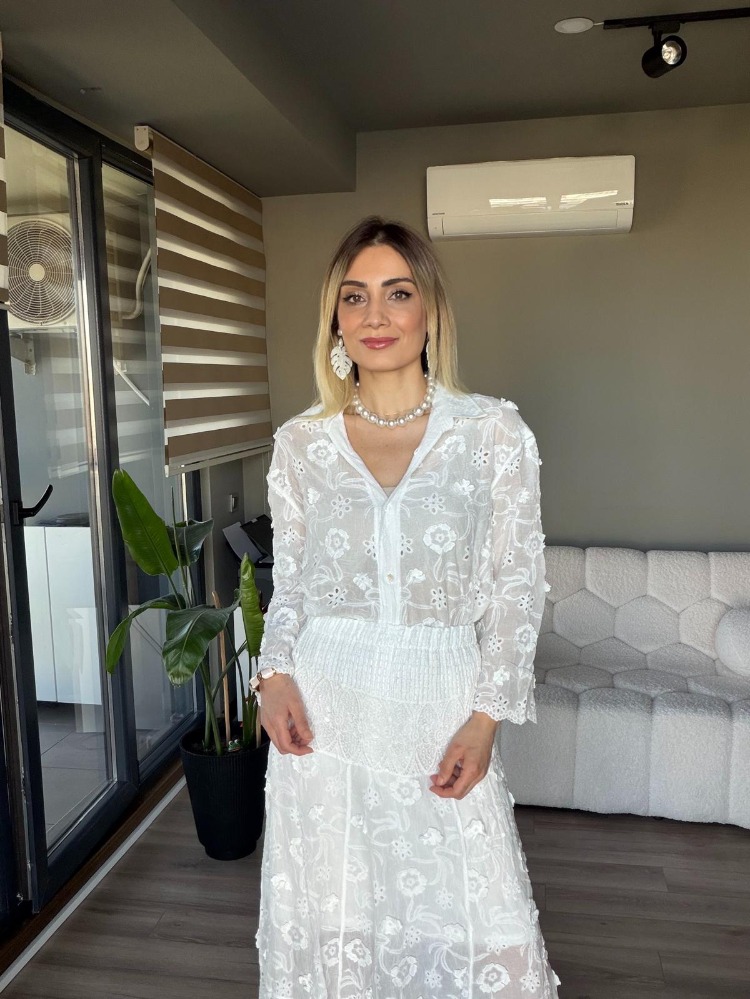 İthal Güpür İşleme Etek Gömlek Takım