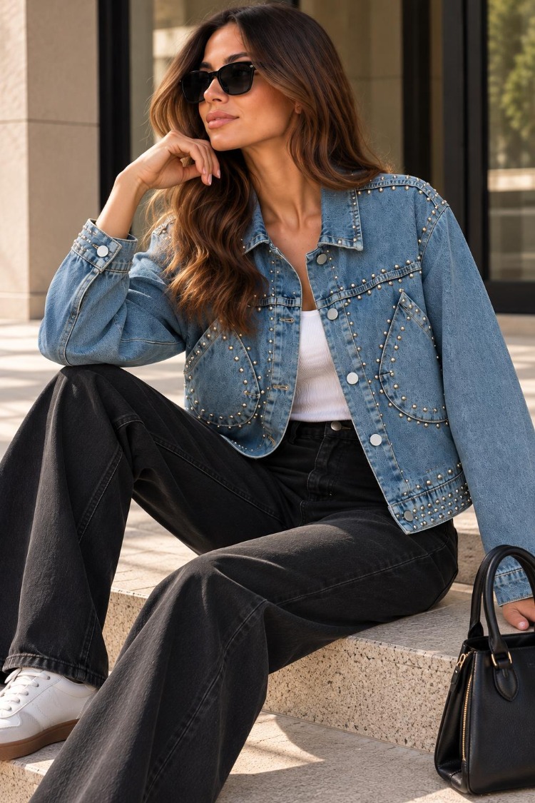 Mavi Zımbalı Denim Mont