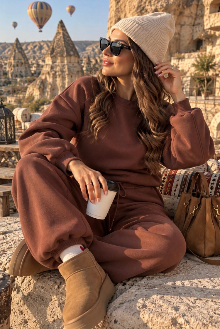 Kahverengi Oversize Sweatshirt & Bol Paça Eşofman Takımı