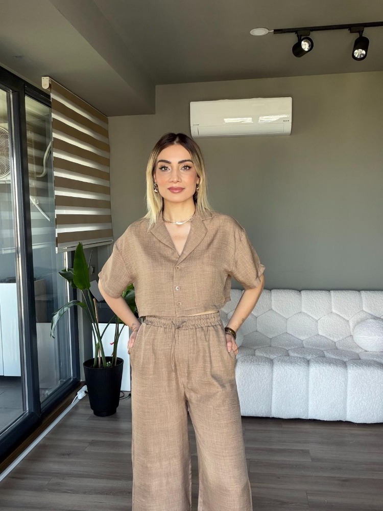Crop Gömlek Pantolon Takım Kahverengi