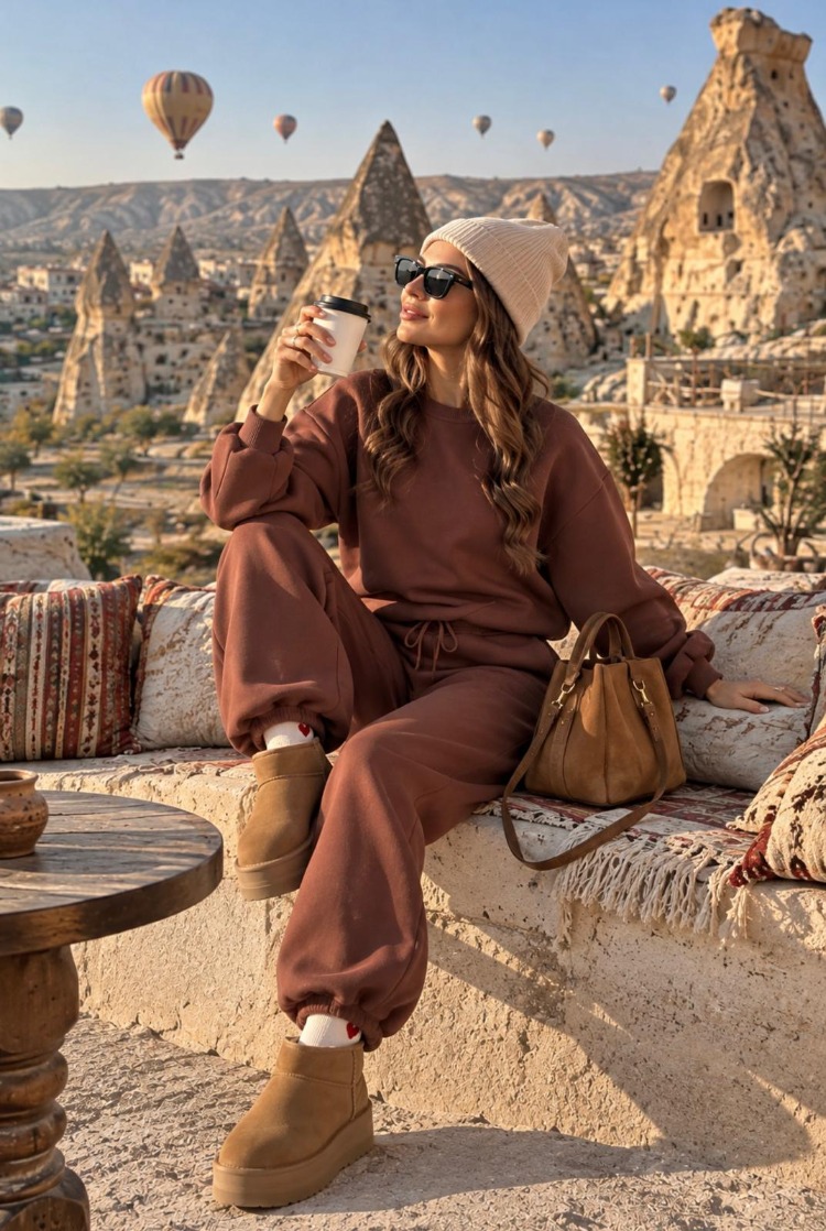 Kahverengi Oversize Sweatshirt & Bol Paça Eşofman Takımı
