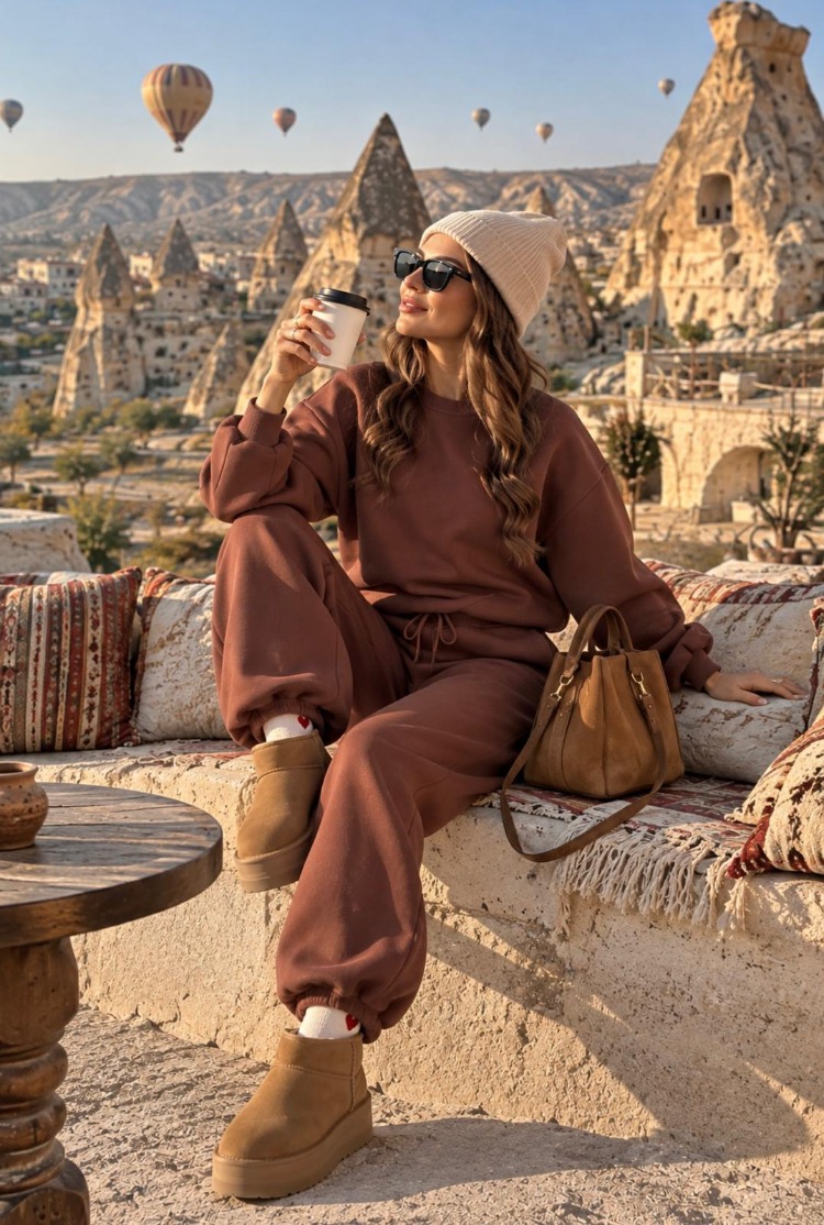 Kahverengi Oversize Sweatshirt & Bol Paça Eşofman Takımı