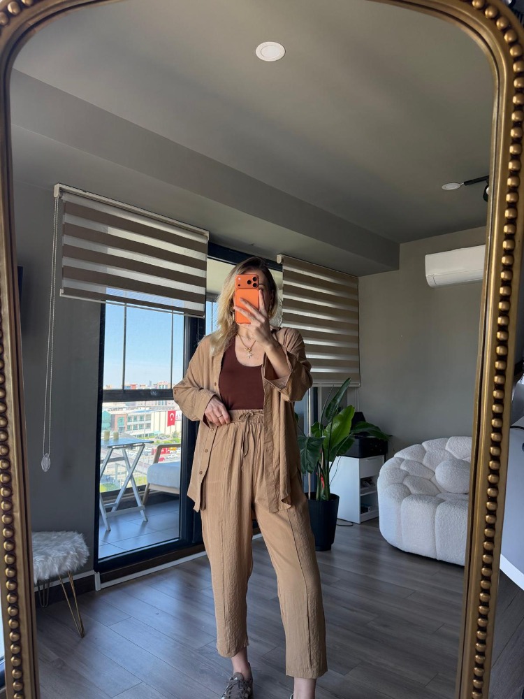 Gömlek Pantolon Takım Tensel Kumaş Pamuklu Camel Renk