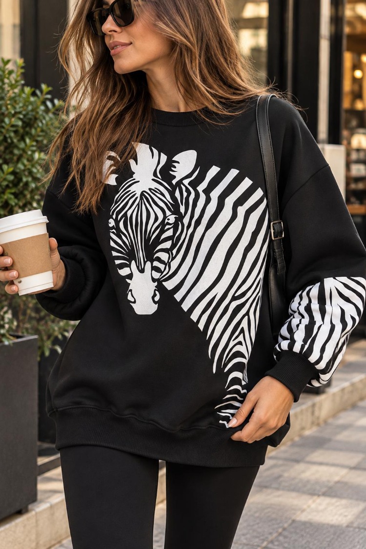 Zebra Desenli Siyah Sweatshirt