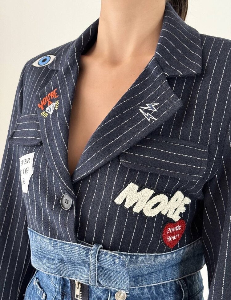 Denim detaylı Nakışlı crop blazer ceket lacivert 