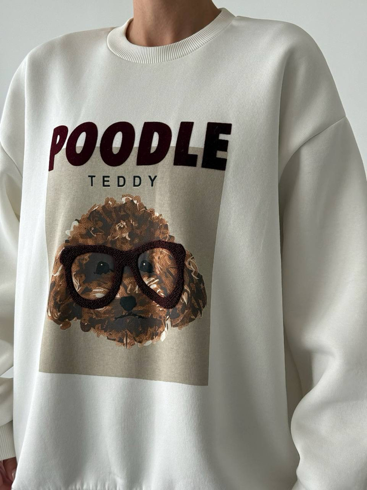 Baskı ve Nakış Detaylı Sweatshirt Ekru 