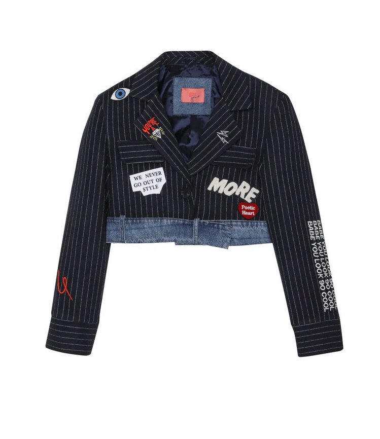Denim detaylı Nakışlı crop blazer ceket lacivert 