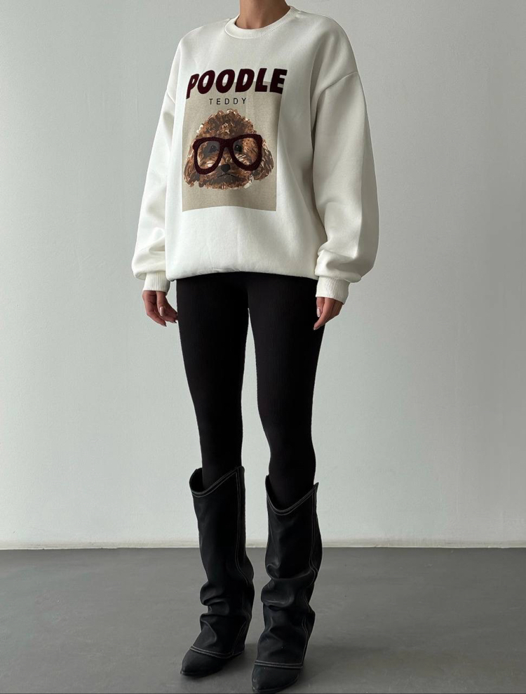 Baskı ve Nakış Detaylı Sweatshirt Ekru 