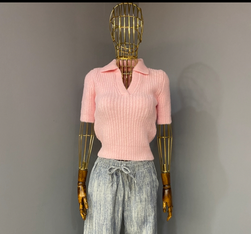 Polo yaka kısa kol triko pembe 